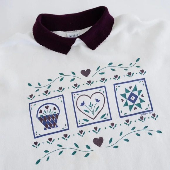 Vintage Gopher Sport White Puff Print Floral Heart Purple Collared Sweater XL - Picture 9 of 11